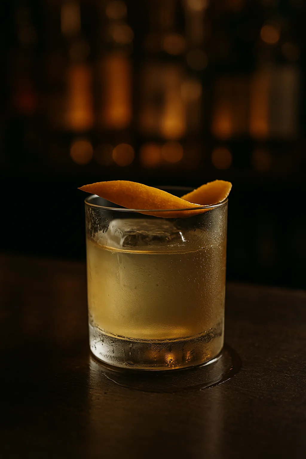 Mezcal sour garnished with a twist of orange peel
