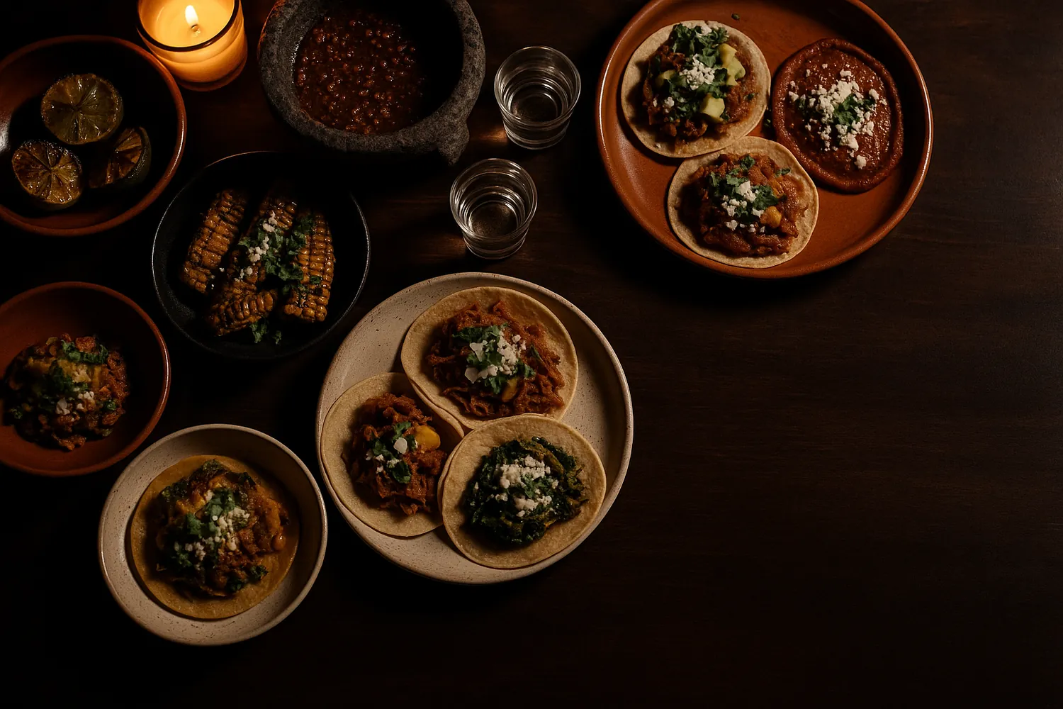 A table spread with tacos, elote and small plates