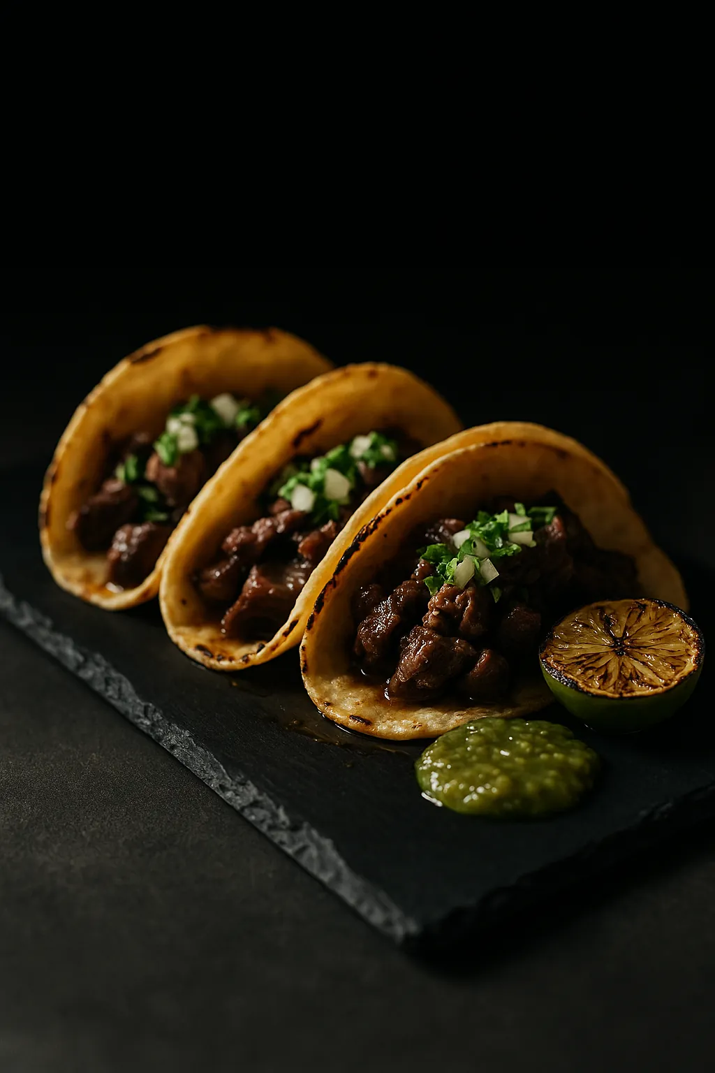 Three beef birria tacos with onion, cilantro and charred lime