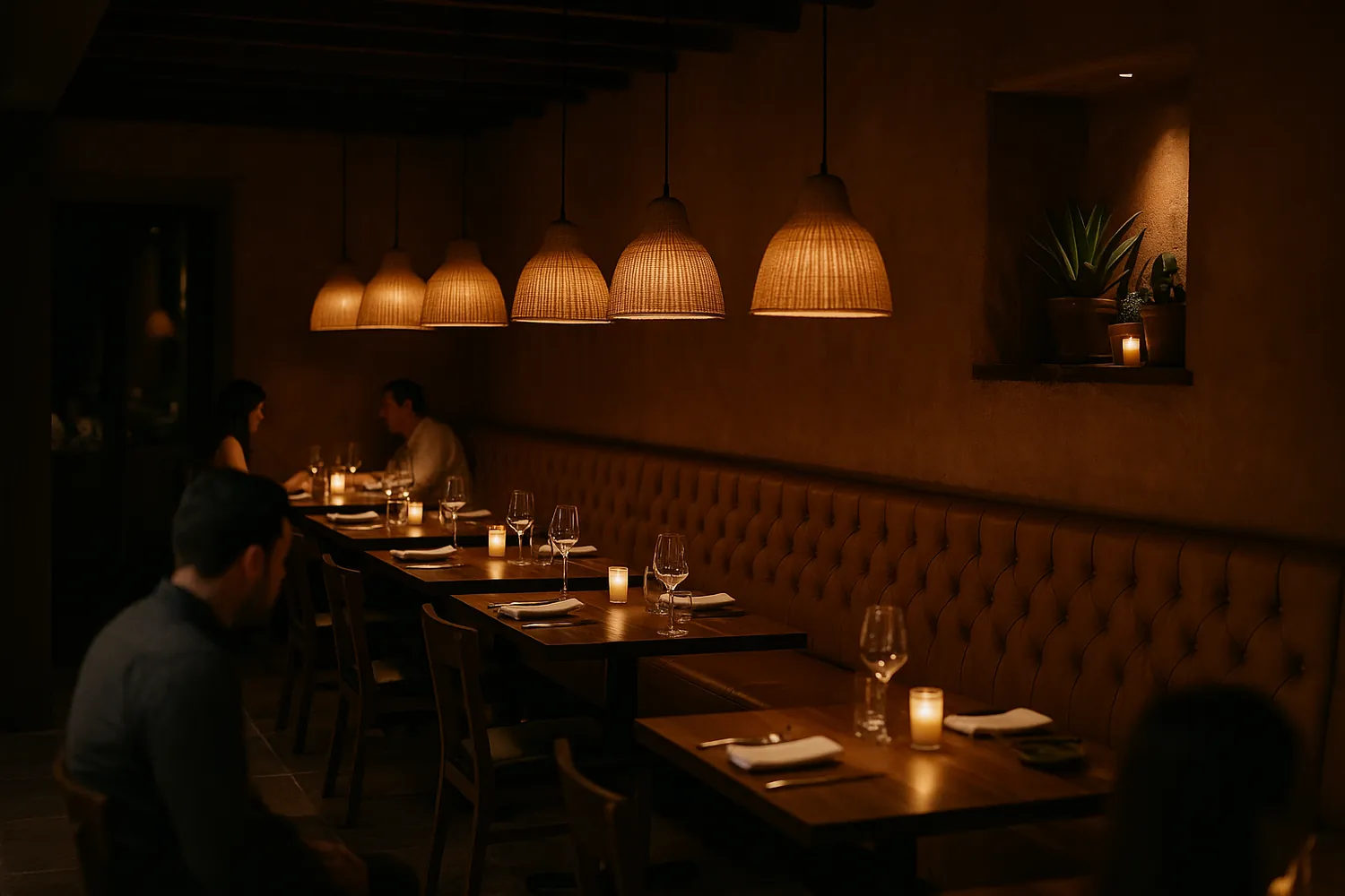 Candlelit dining room with woven pendant lamps and banquette seating