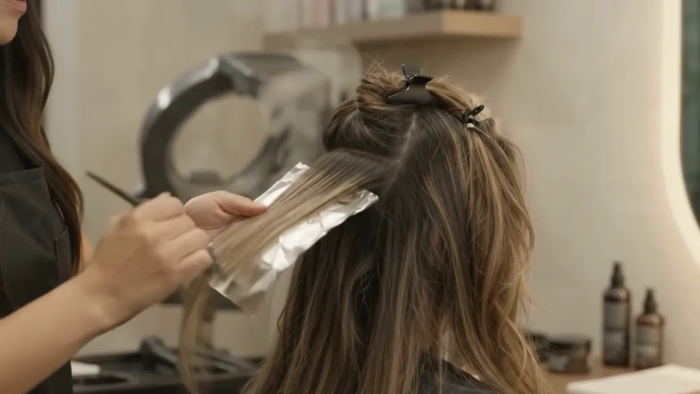 Stylist placing foils while highlighting long hair