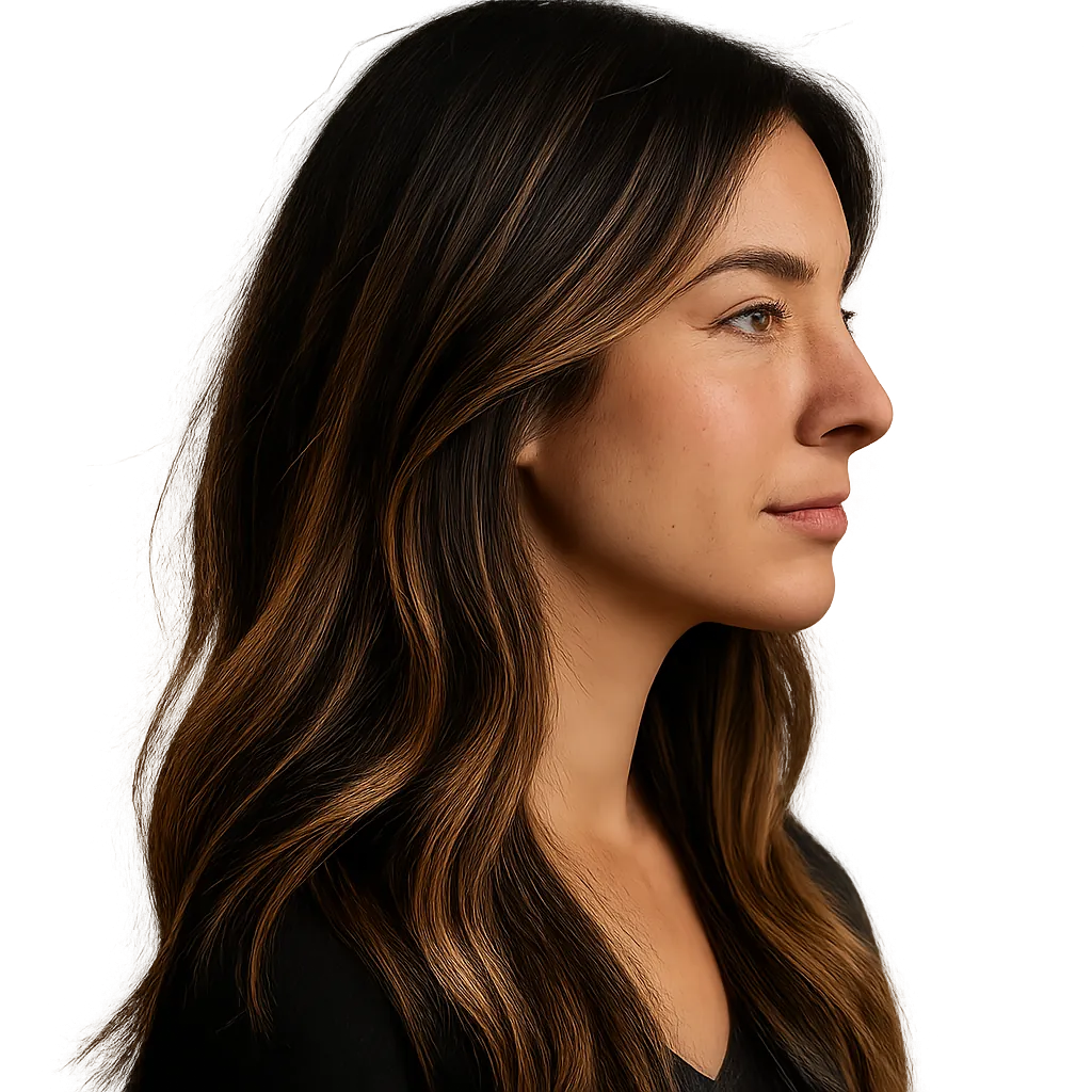 Side profile of a woman with glossy brunette waves