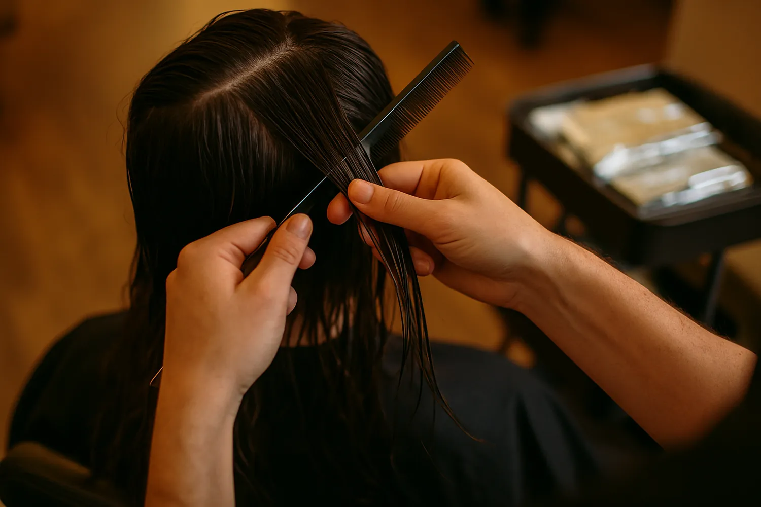 Stylist sectioning dark hair with a comb and scissors