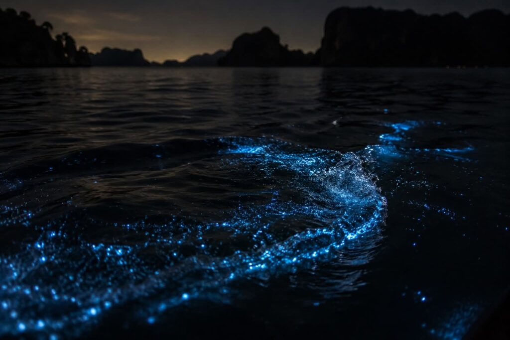Blue bioluminescence glowing in the sea at night in Thailand, photographed by Adam Neuerburg