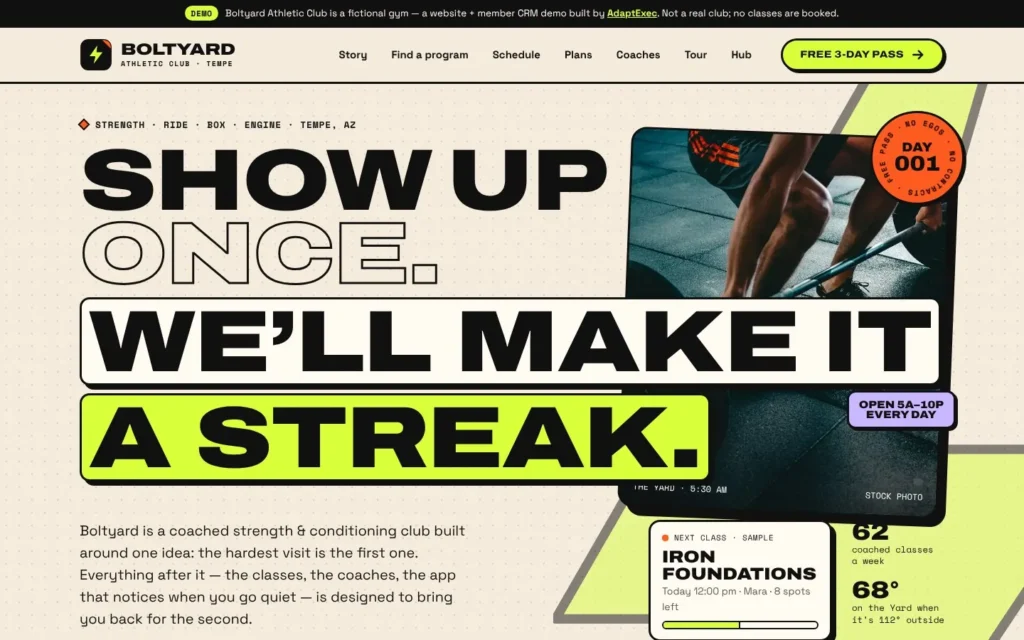 Boltyard Athletic Club demo gym website hero