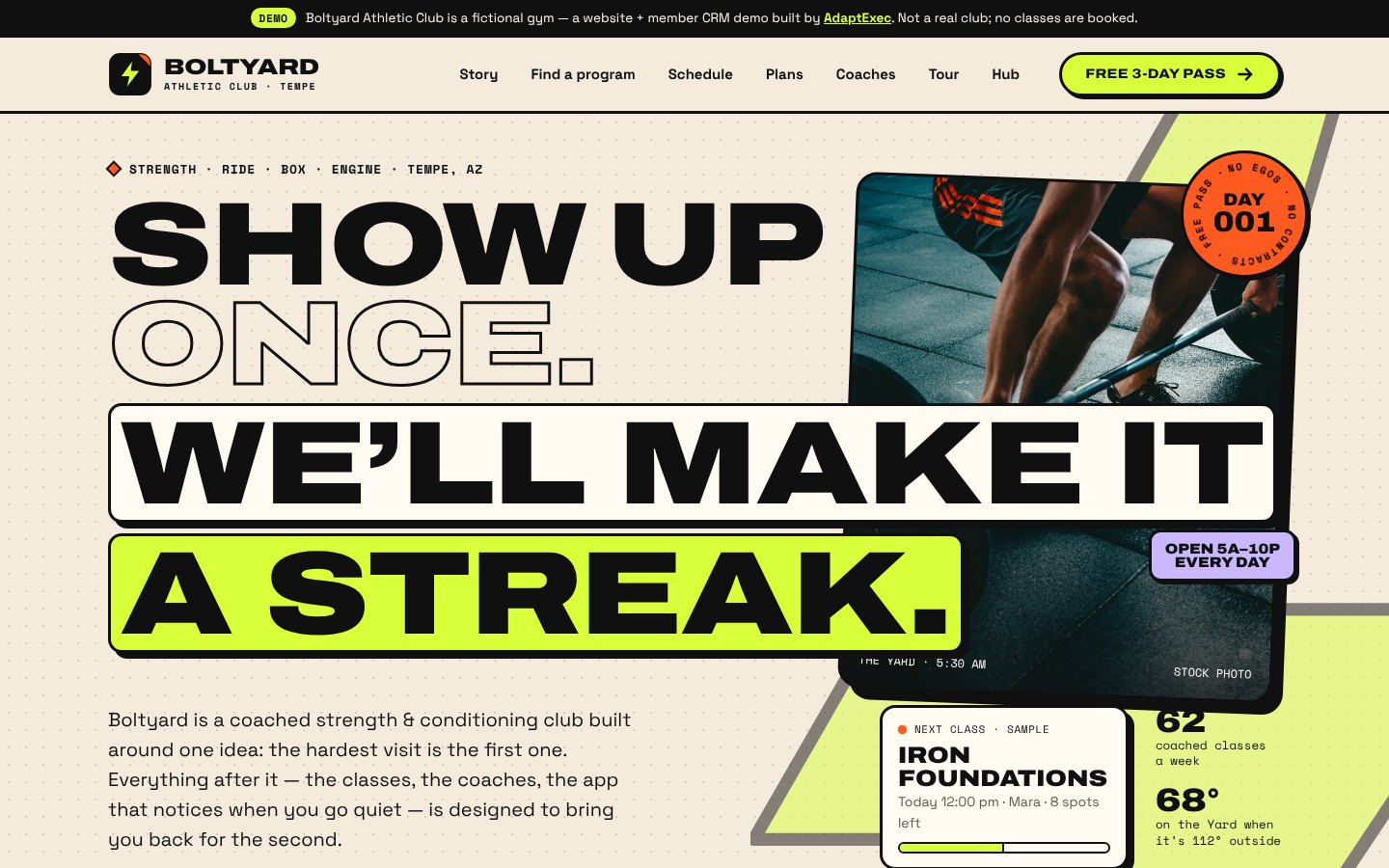 Boltyard Athletic Club demo gym website hero