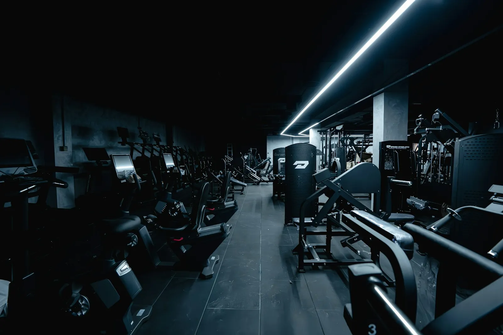 Cardio and strength machines in a moody gym with a strip light overhead