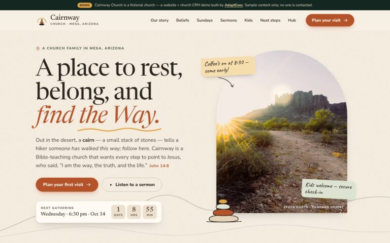 Cairnway Church demo website hero with an arched desert-trail photo and a next-gathering countdown