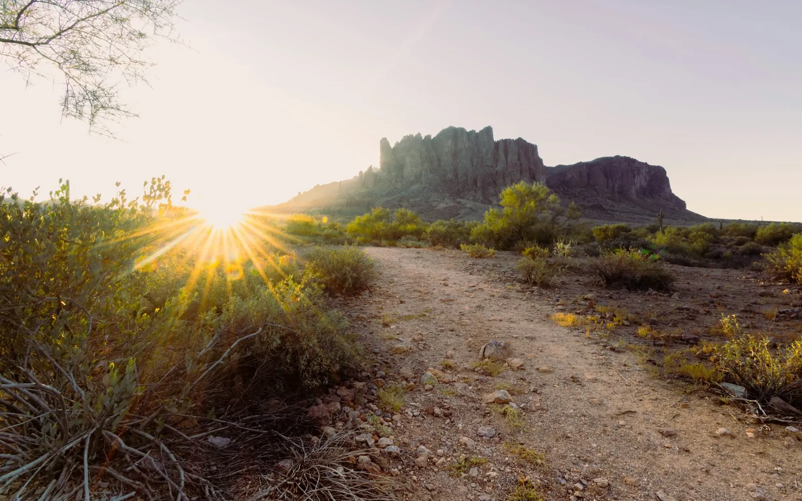 Dirt trail leading toward a desert rock formation at sunrise