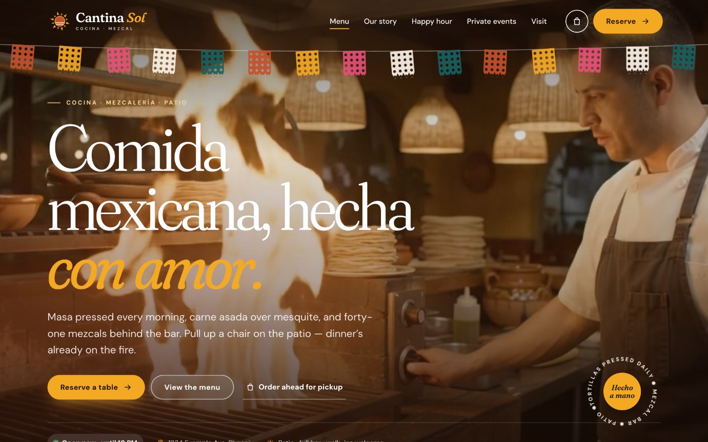 Cantina Sol demo restaurant website hero