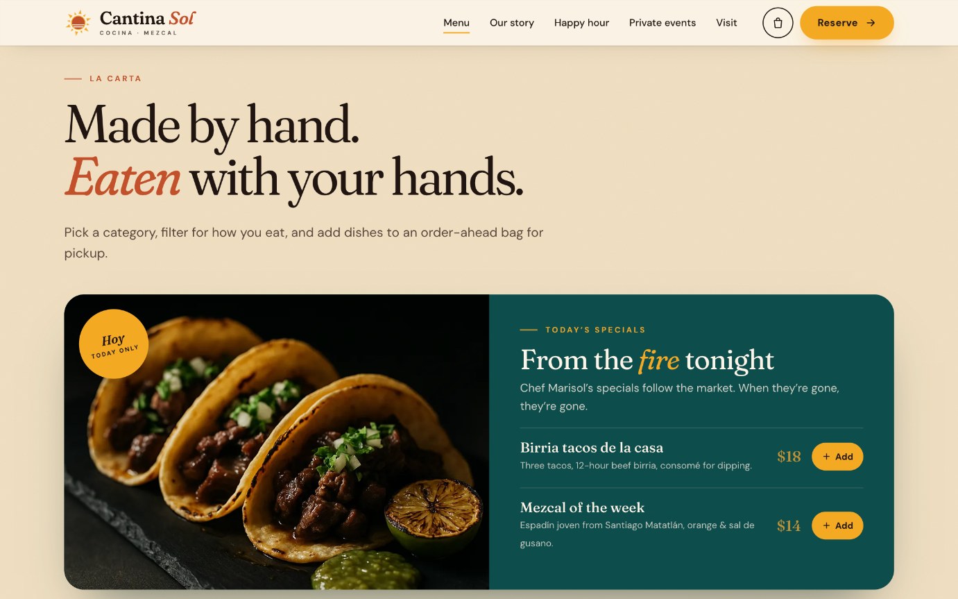 Cantina Sol interactive menu and daily specials