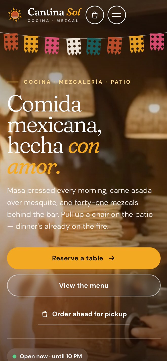Cantina Sol demo website on a phone