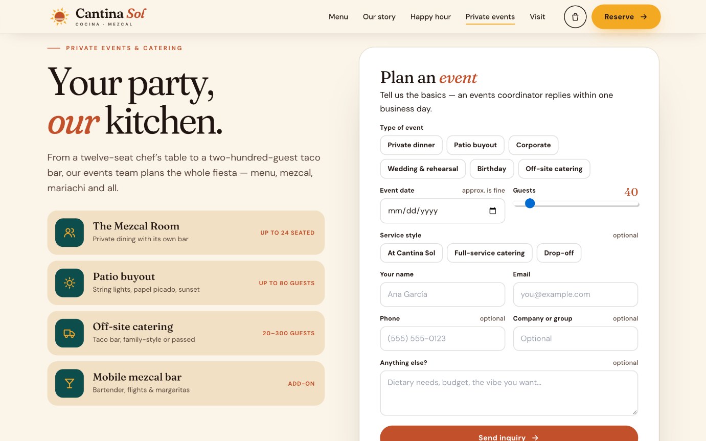 Cantina Sol private events inquiry form
