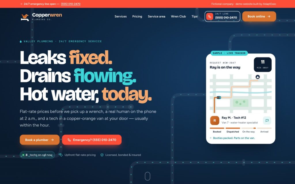 Copperwren Plumbing demo website hero with live technician tracker