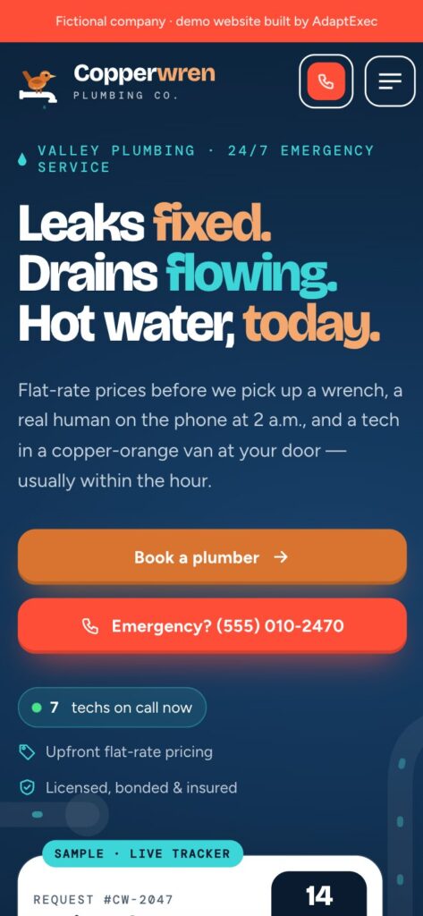 Copperwren Plumbing demo website on mobile
