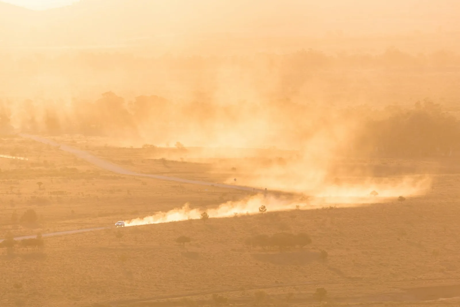 A wall of dust rolling across open desert in golden light