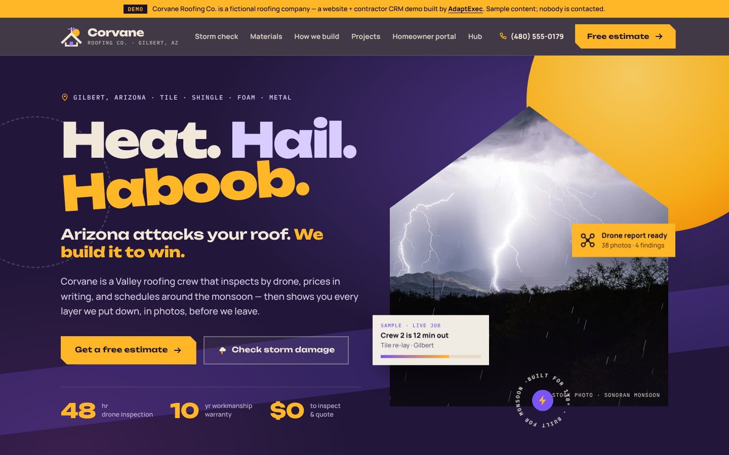 Corvane Roofing Co. demo roofing website hero
