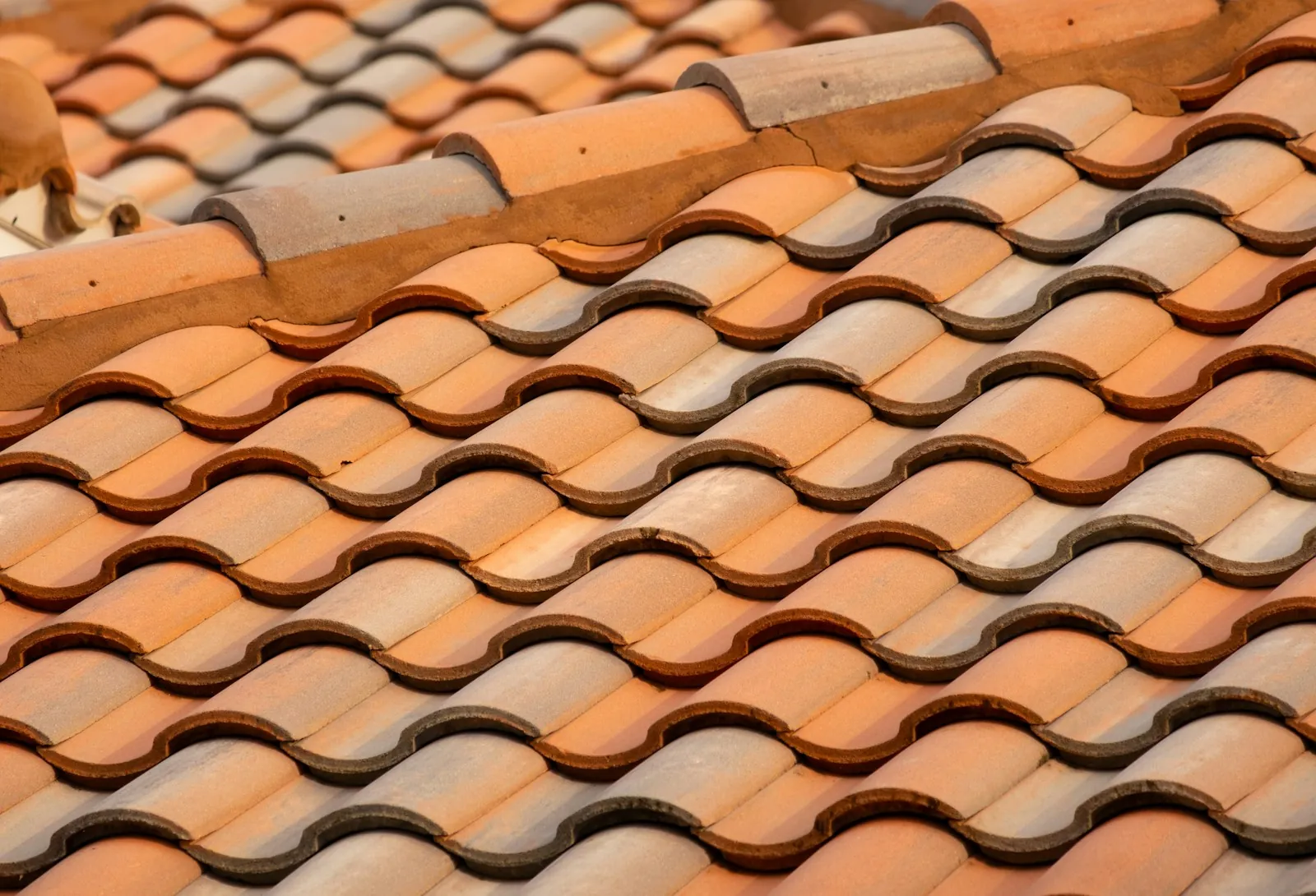 After: close-up rows of clean clay roof tiles in warm light