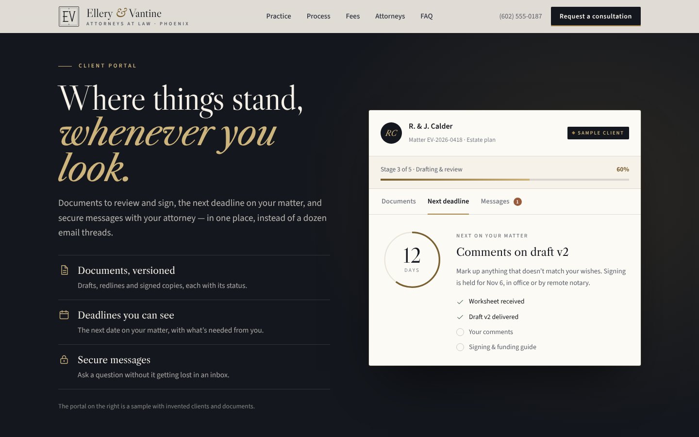 Ellery & Vantine sample client portal card