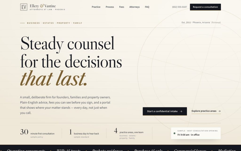 Ellery and Vantine demo law firm website hero