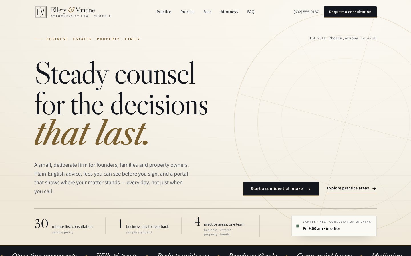 Ellery & Vantine demo law firm website hero