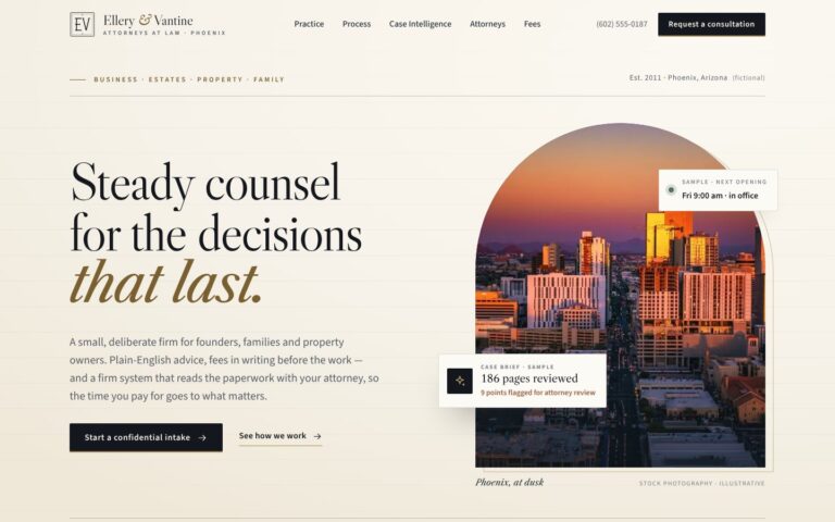 Ellery & Vantine law firm demo hero with an arched skyline photo and an AI case brief card