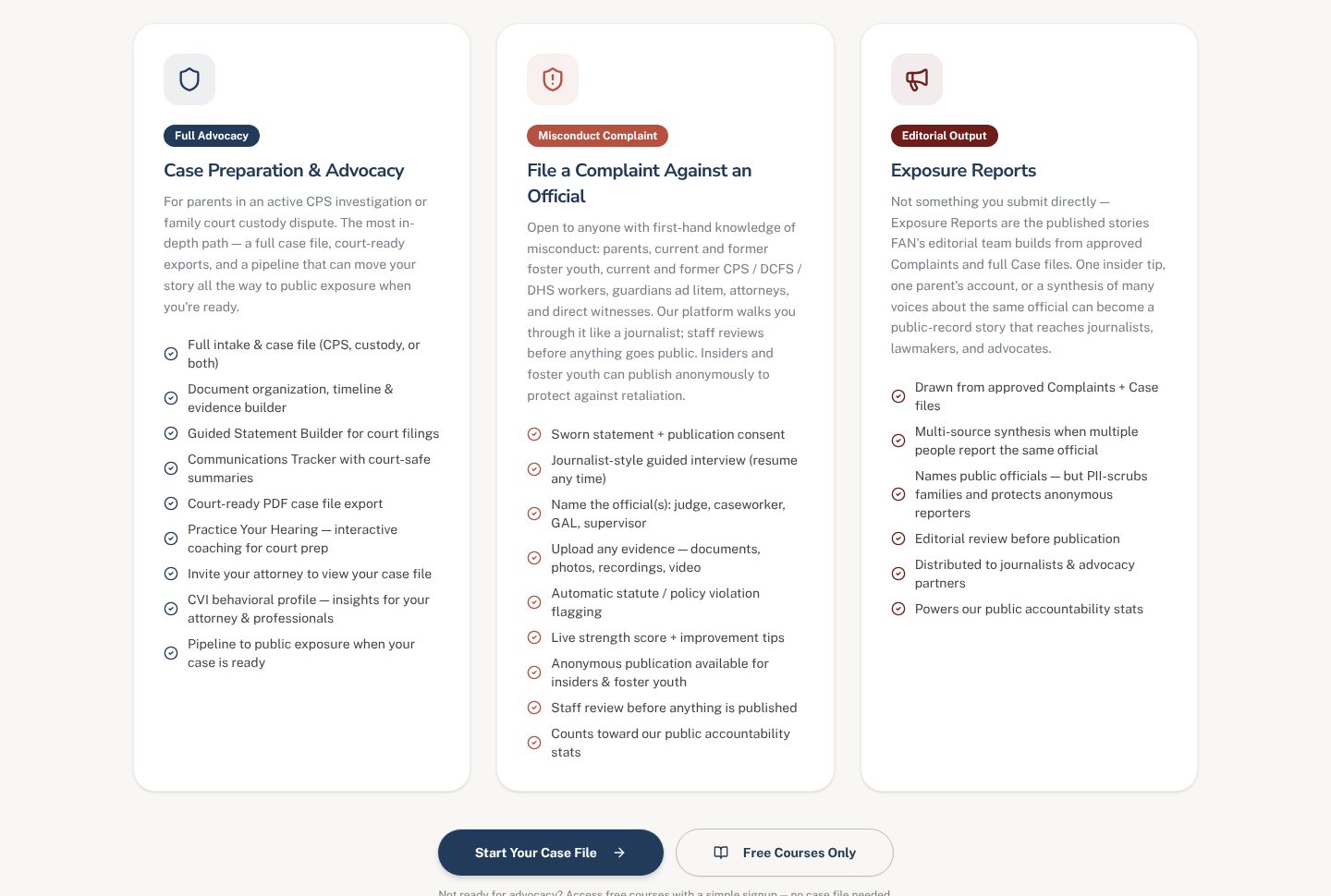 Father’s Advocacy Network platform paths: case preparation, misconduct complaint and exposure reports