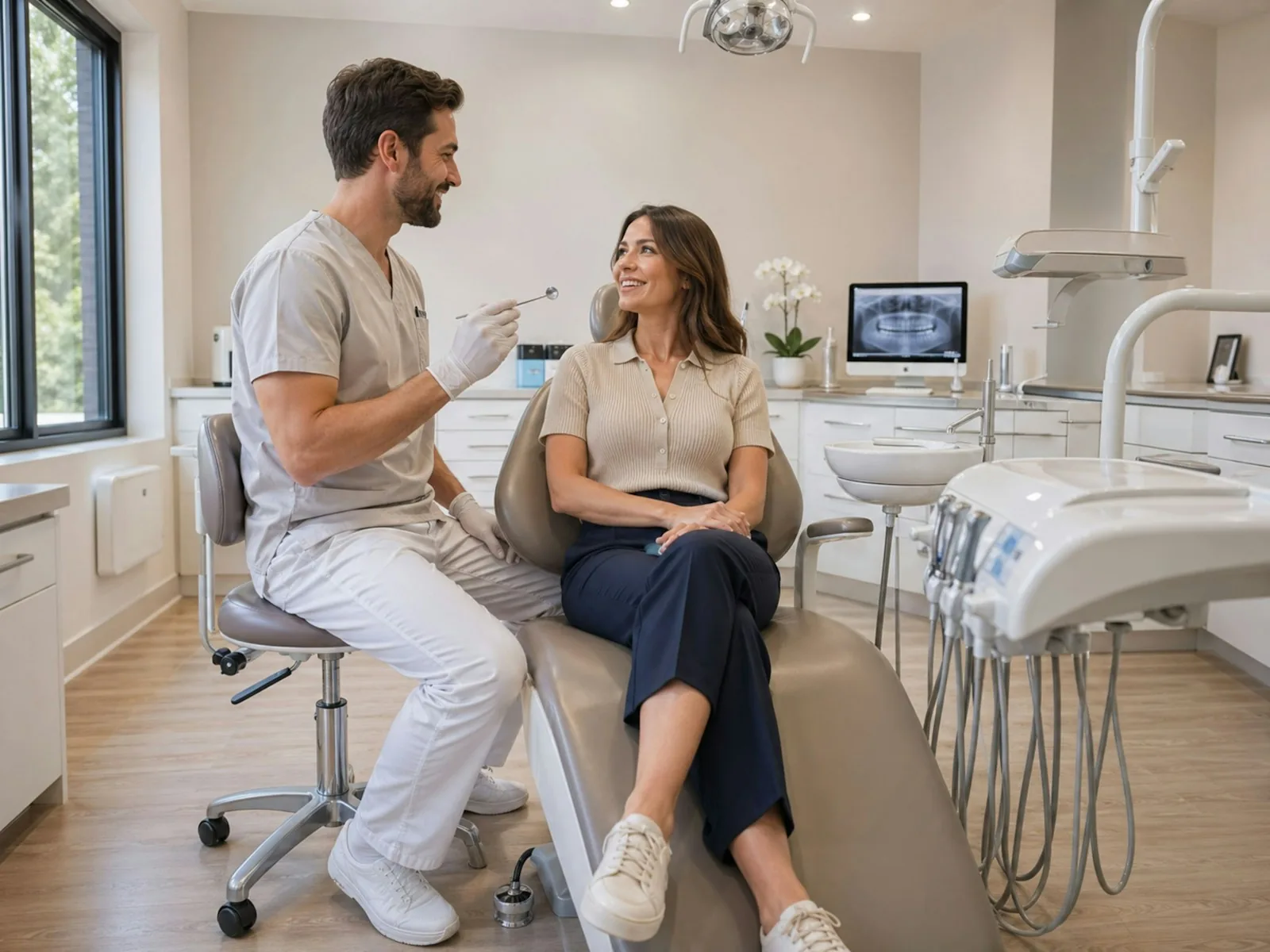Relaxed conversation in a dental chair before a checkup