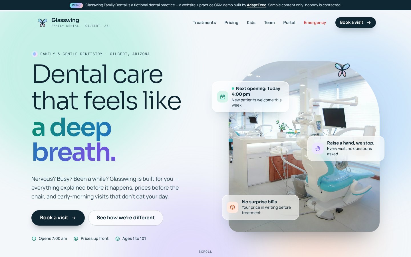 Glasswing Family Dental demo dental practice website hero