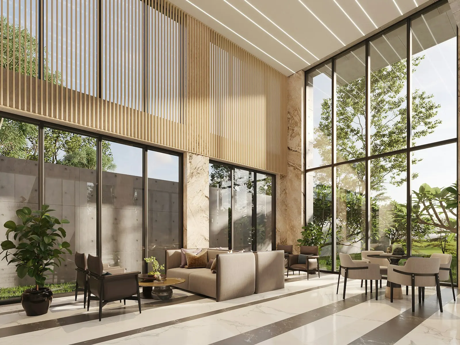 Light-filled lounge with floor-to-ceiling glass and plants