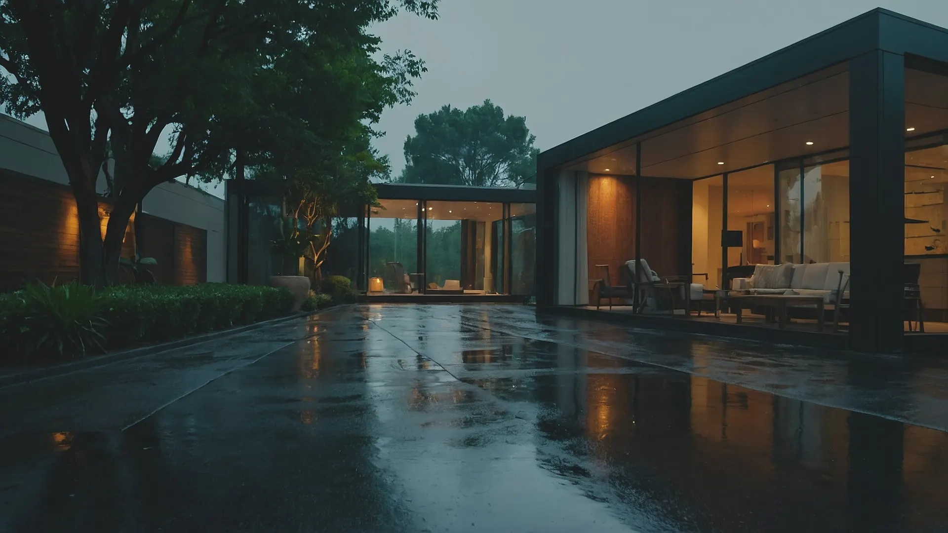 Modern glass-walled home glowing at dusk beside a rain-wet courtyard