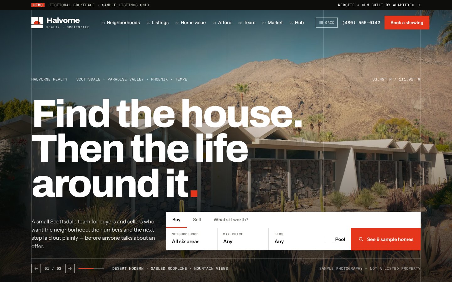 Halvorne Realty demo real estate website hero with home search