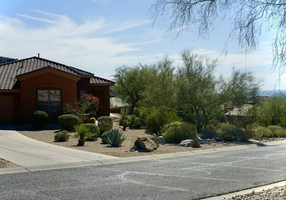 Tile-roof home with a gravel yard, desert shrubs and a palo verde under a clear sky