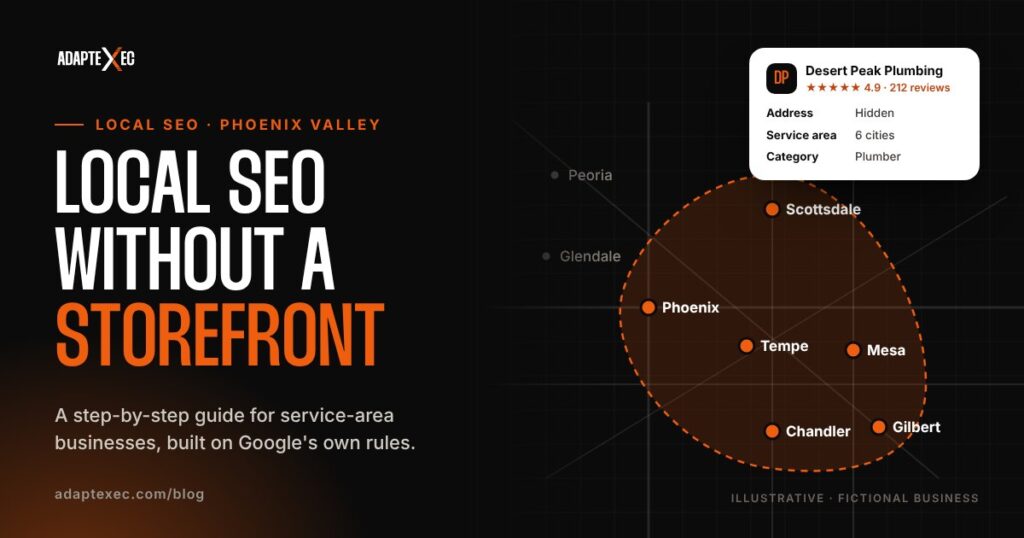 Abstract map of Phoenix Valley cities with a dashed service area and a Google Business Profile card with the address hidden