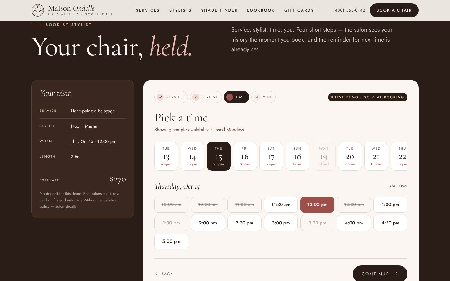 Maison Ondelle book-by-stylist flow with time slots