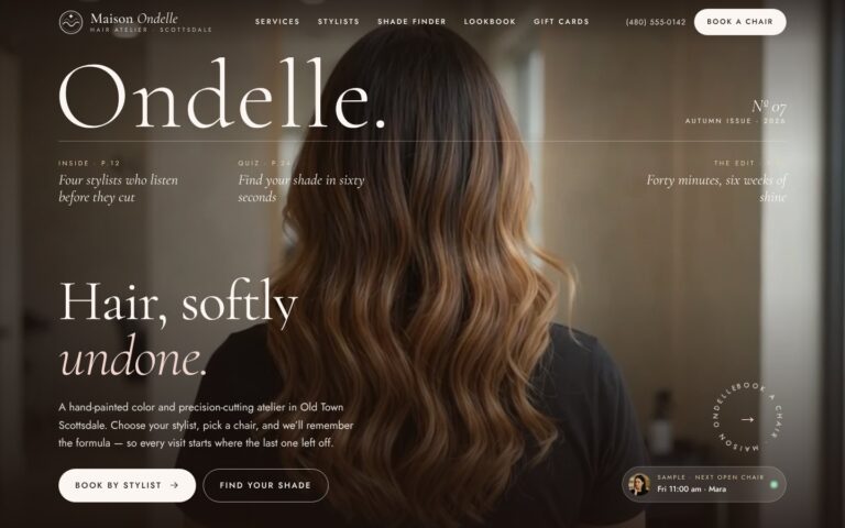 Maison Ondelle hair salon demo website hero with a magazine-cover masthead and Book by stylist button