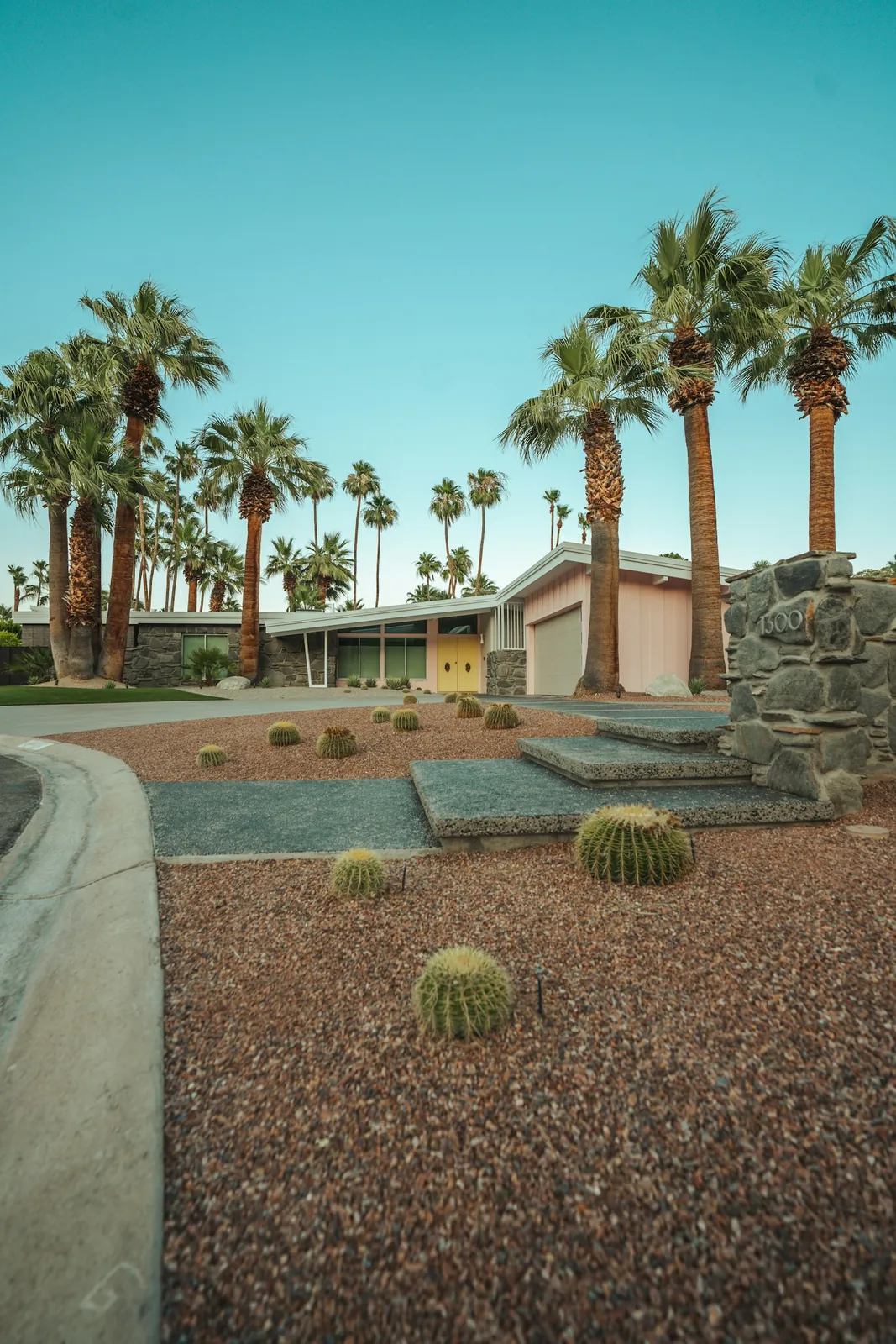 Mid-century modern home with tall palms, a gravel front yard and golden barrel cactus