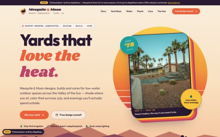 Mesquite & Moon desert landscaping demo website hero in a retro 70s desert-modern style