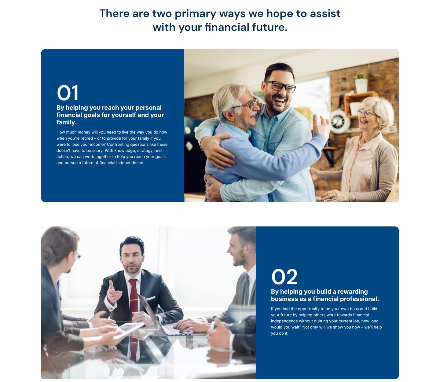 The Miliare Group website section showing two ways the firm helps: families and future financial professionals