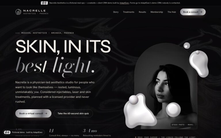 Nacrelle Aesthetics med spa demo website hero in a dark luxe minimal style