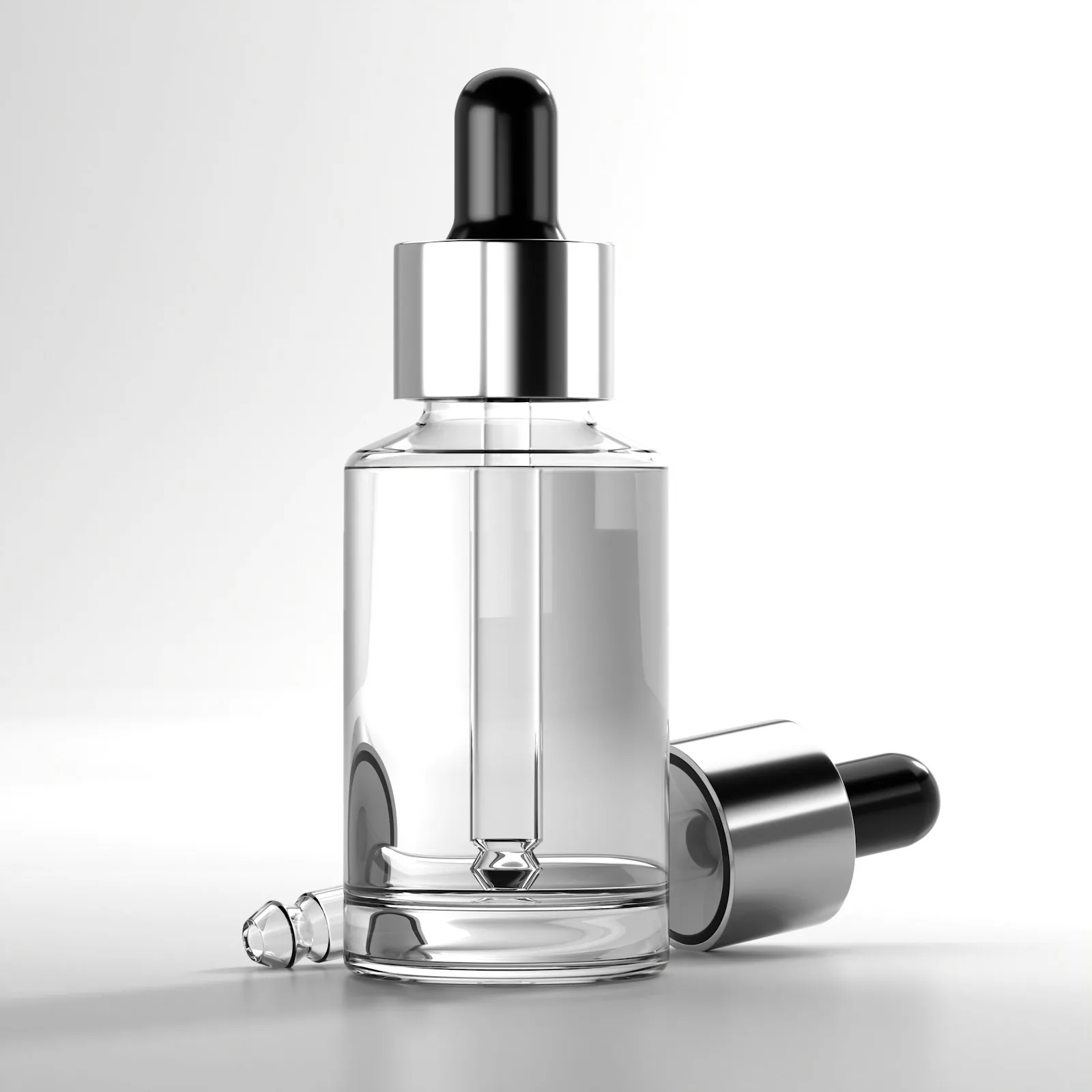Clear glass dropper bottle with a chrome collar on white
