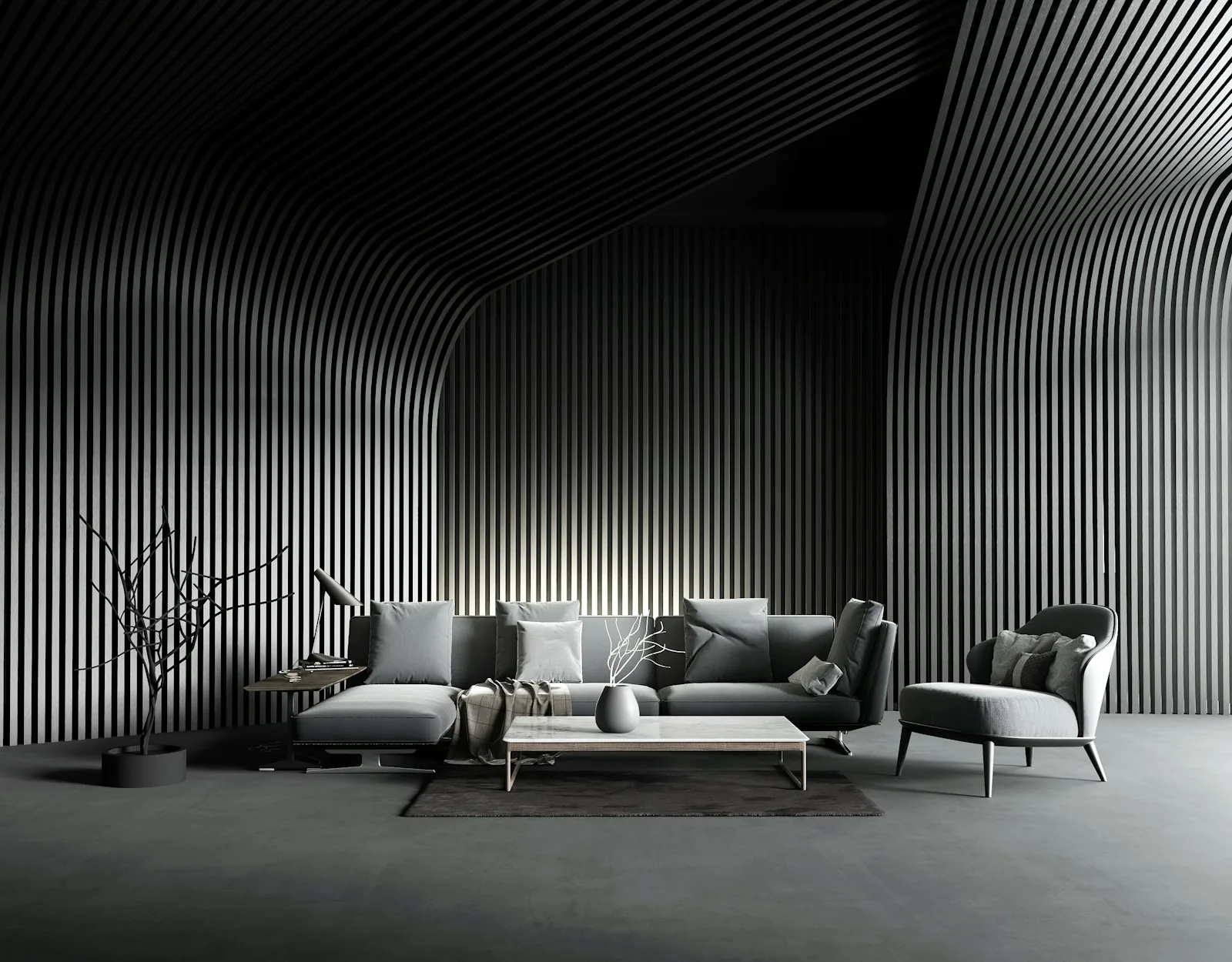 Moody lounge with curved fluted walls and soft gray seating