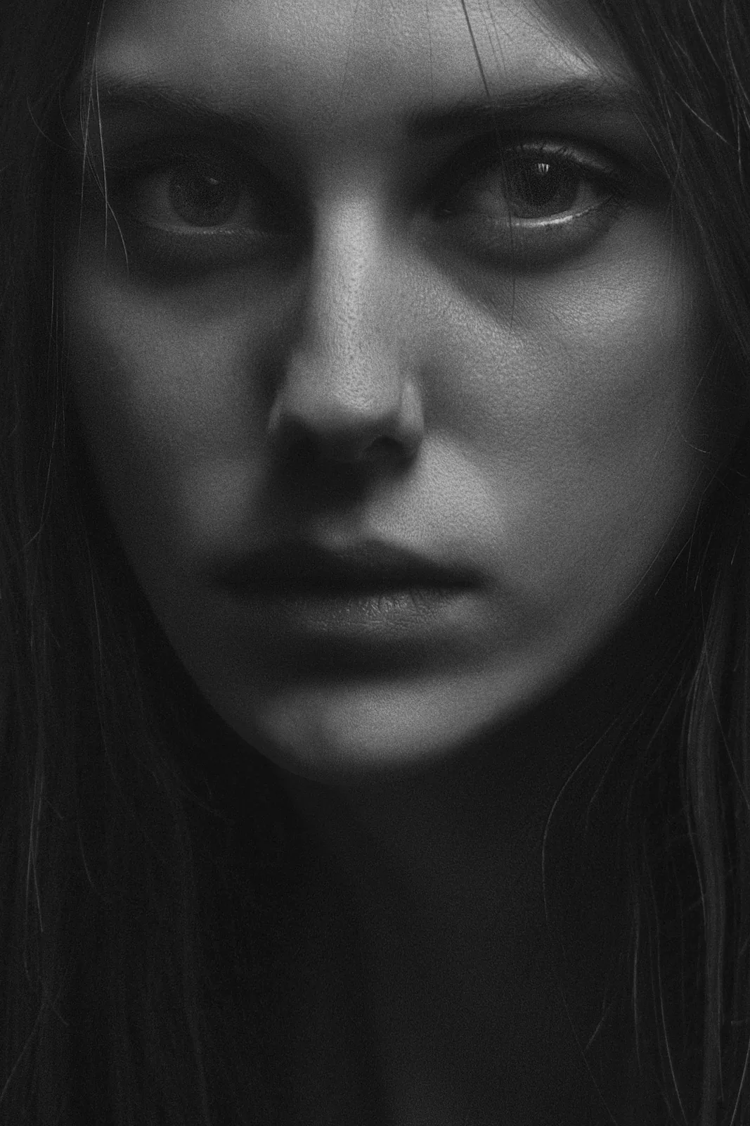 Close black-and-white portrait of a woman with a calm gaze