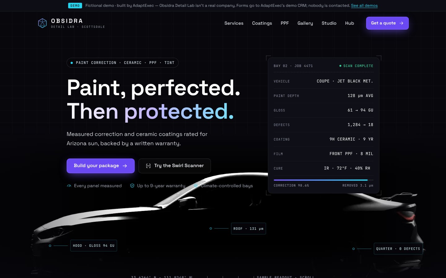 Obsidra Detail Lab demo auto detailing website hero