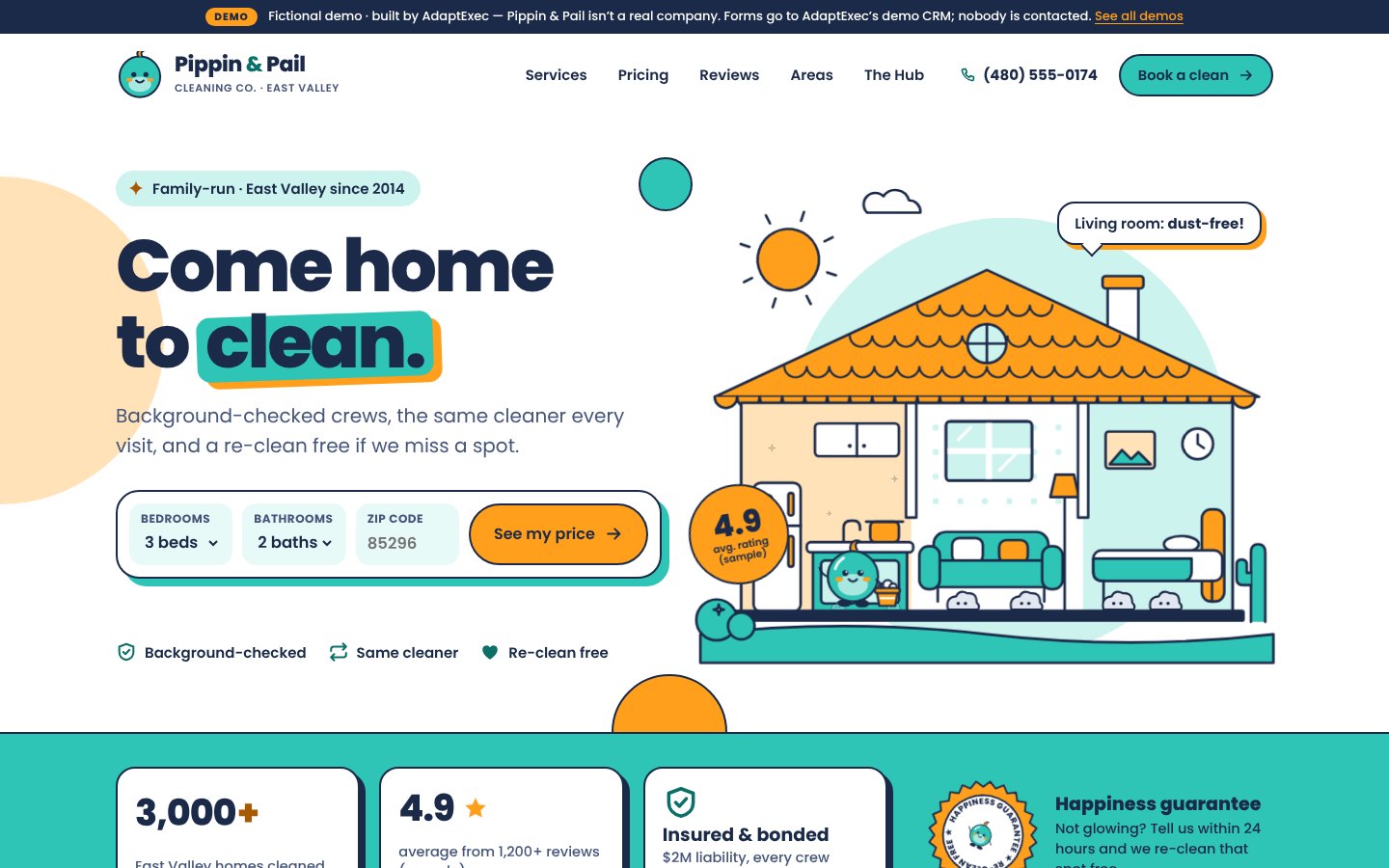 Pippin & Pail Cleaning Co. demo house cleaning website hero