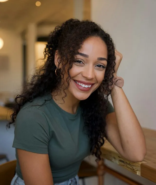 Smiling woman with curly hair in a green T-shirt