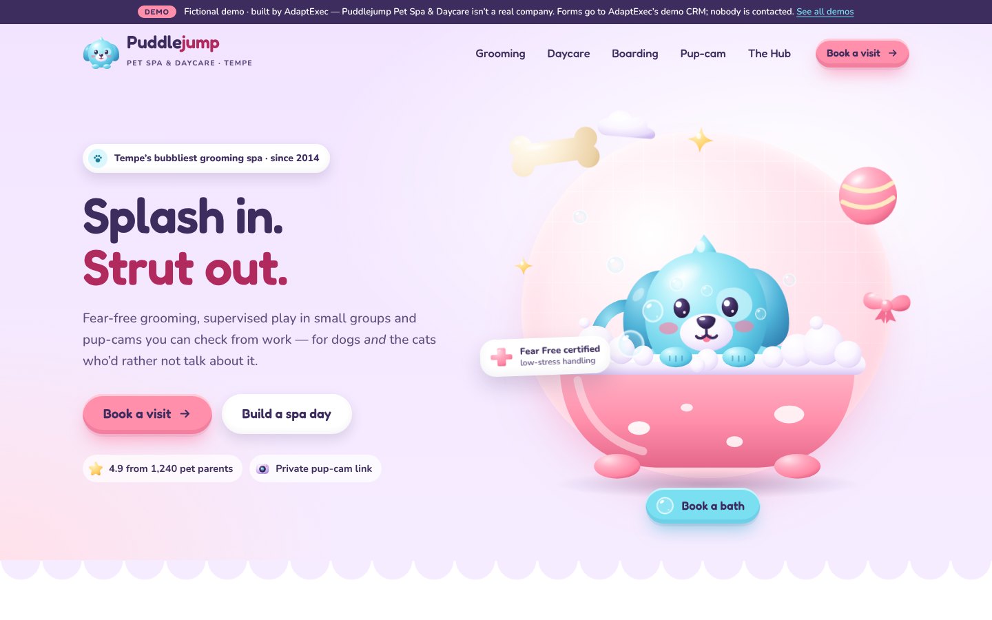 Puddlejump Pet Spa & Daycare demo pet spa website hero