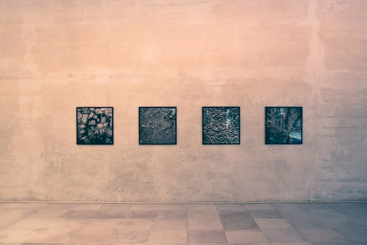 Four dark framed works hung in a row on a bare concrete wall