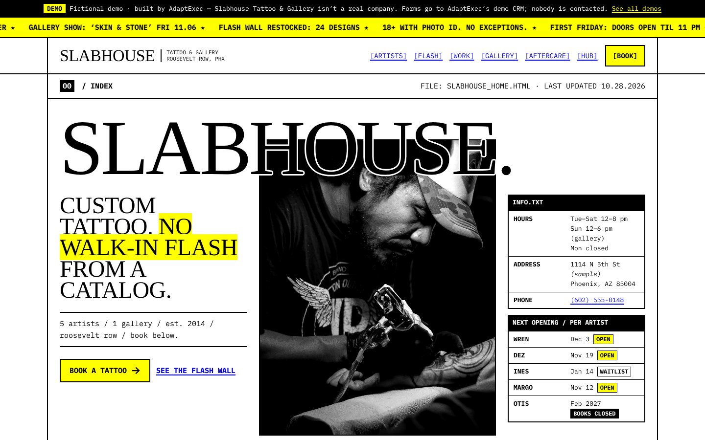 Slabhouse Tattoo & Gallery demo tattoo studio website hero
