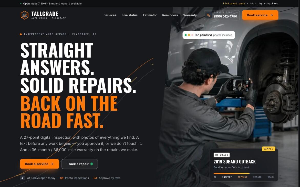 Tallgrade Auto Works demo auto repair website hero